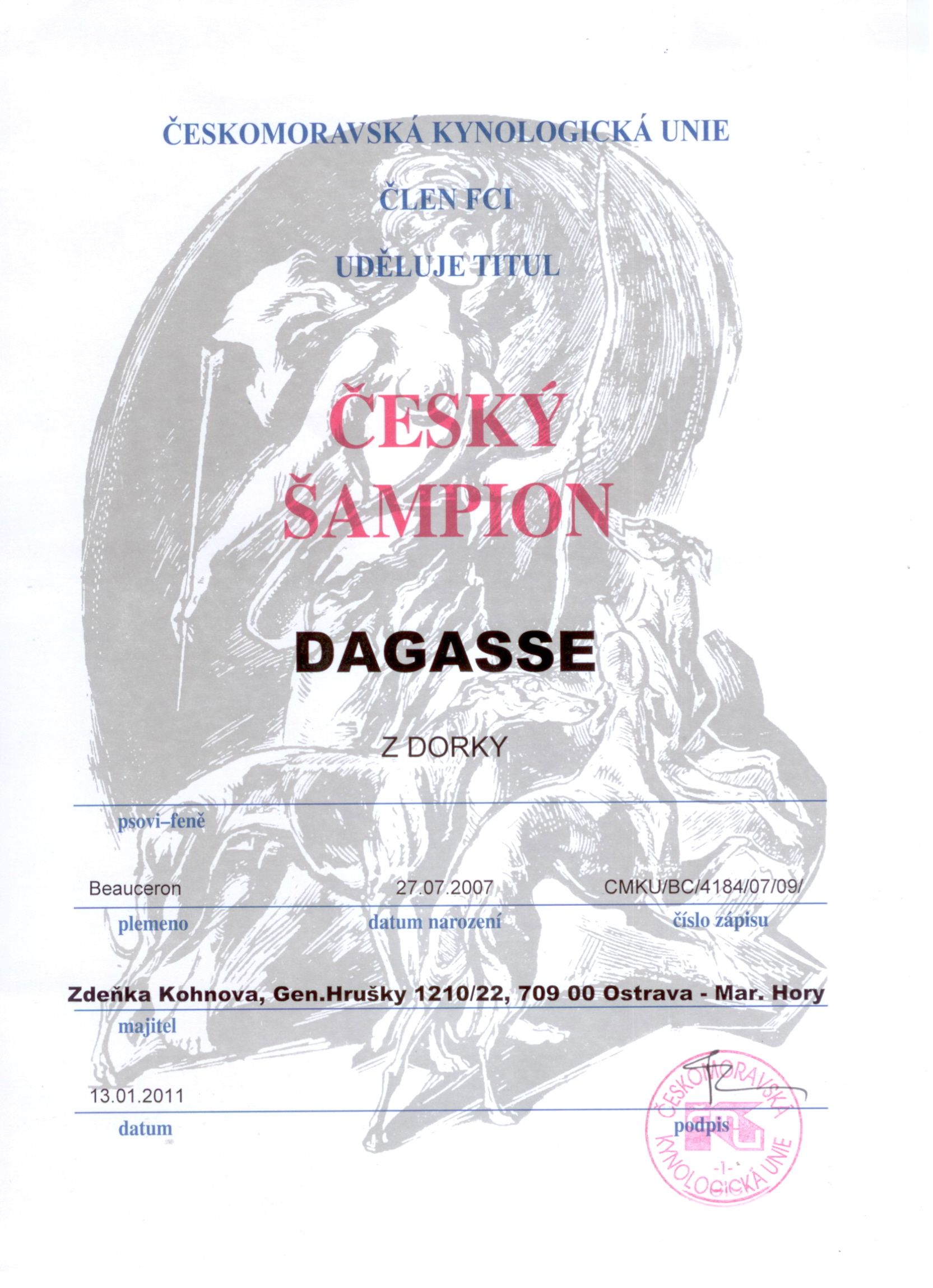 Český šampion - diplom - Dagasse